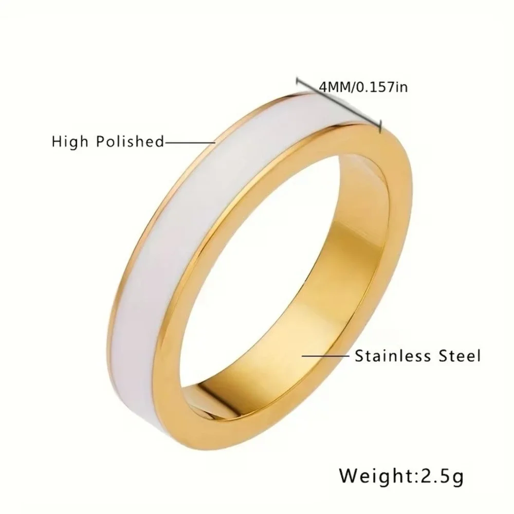 Gold Stainless Steel White Enamel Band Ring High Polished Stackable Size 6